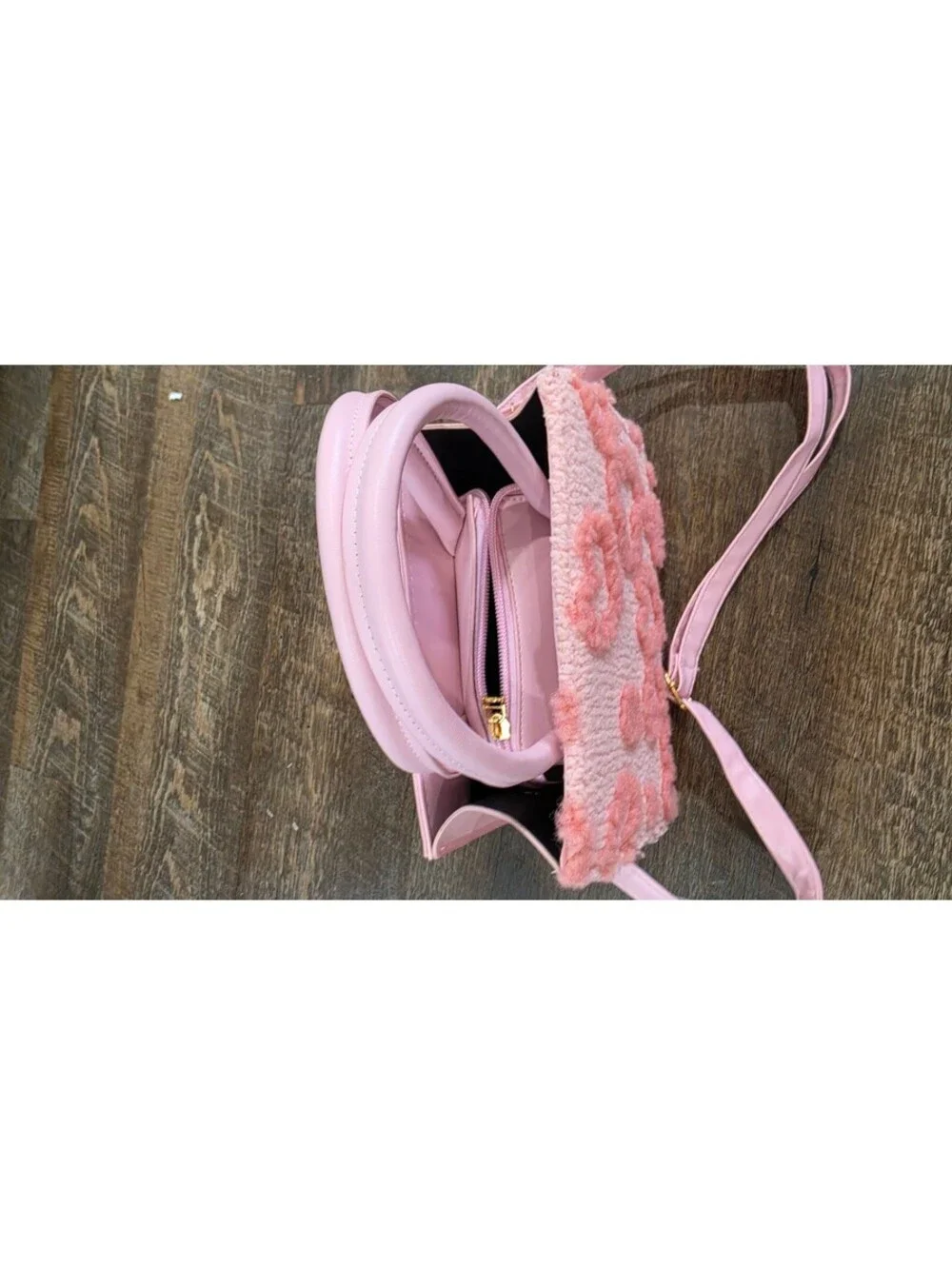Pink Faux Shearling Heart Pattern Crossbody Bag with Top Handles